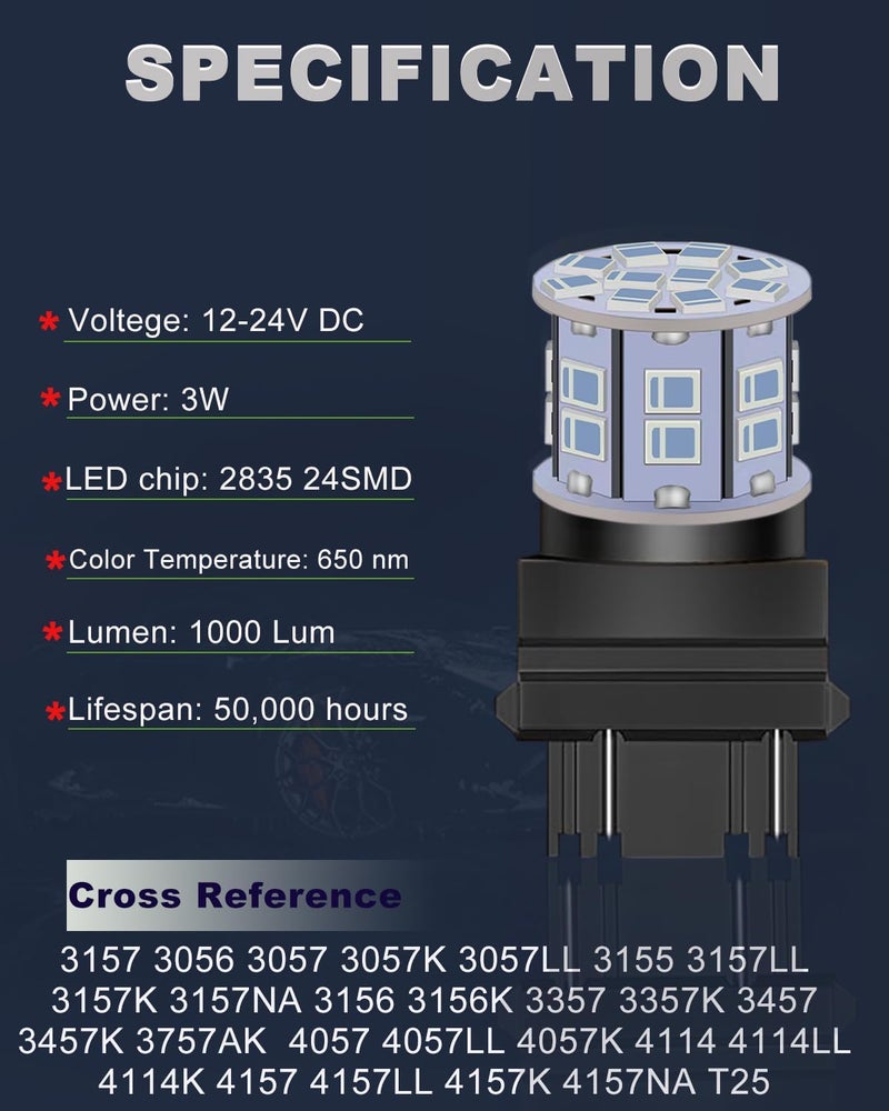 LEDYOTRY 3157 3156 لمبة LED حمراء للفرامل والإضاءة الخلفية 12V-24V ساطعة للغاية منخفضة الطاقة 3056 3057 3047 4057 لمبة LED للفرامل والإيقاف والإضاءة الخلفية وإشارات الانعطاف، عبوة من 2 - Image 2